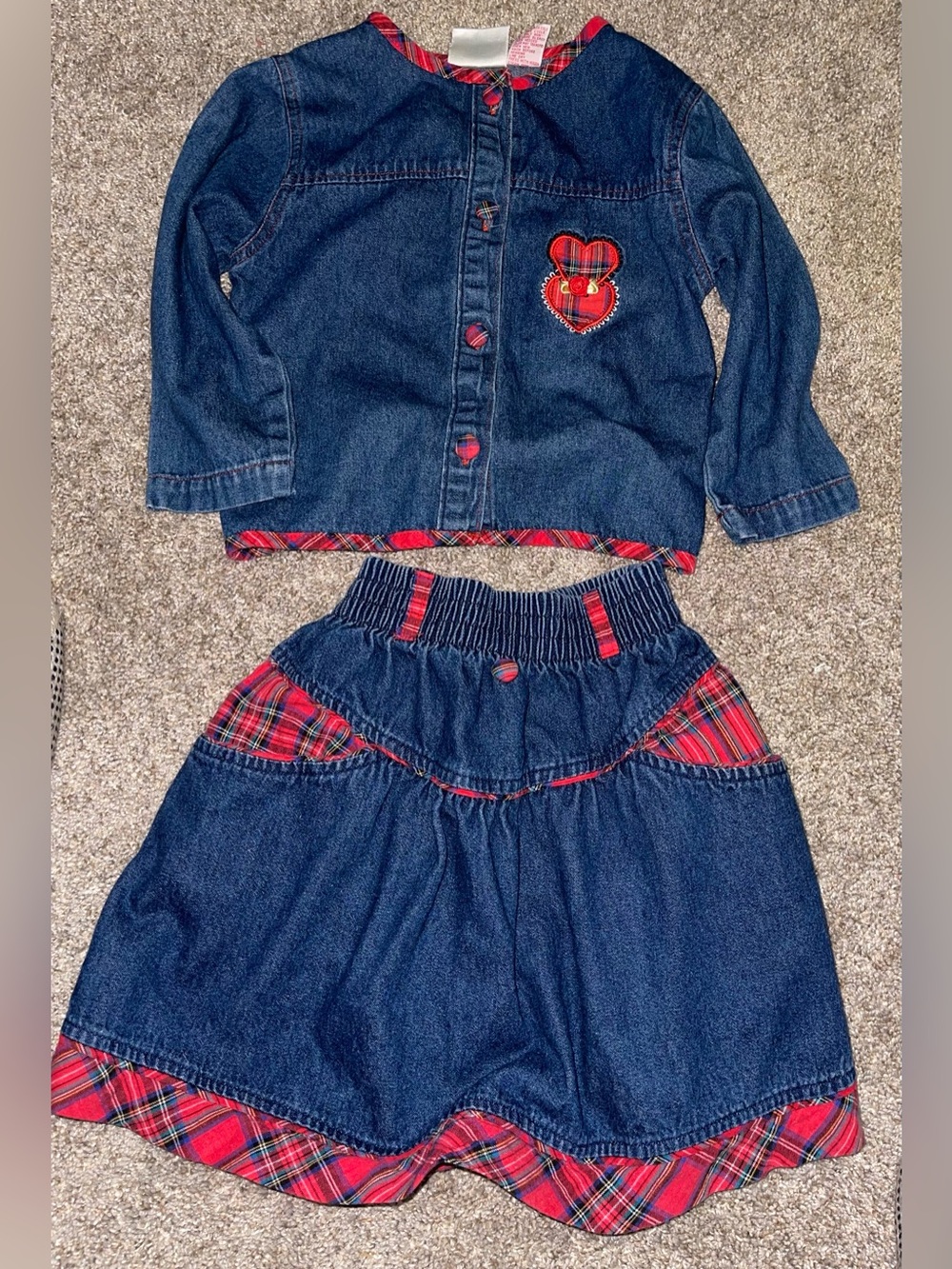 Vintage 1990’s girls Kids Count 4 vintage denim set red plaid